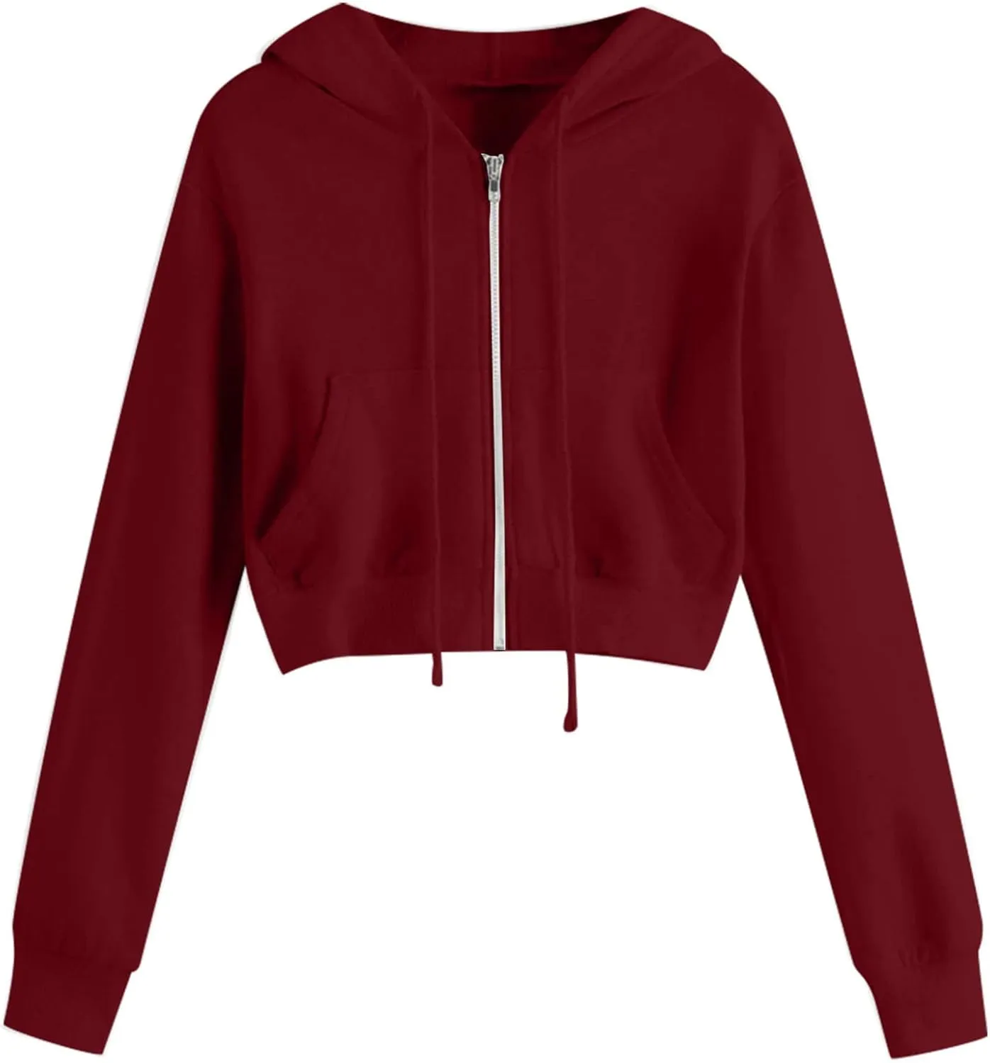 Women Basic Cropped Hoodies Full Zipper Drawstring Sweatshirt Jackets Casual Long Sleeve Short Outwear with Pockets