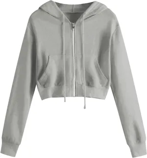 Women Basic Cropped Hoodies Full Zipper Drawstring Sweatshirt Jackets Casual Long Sleeve Short Outwear with Pockets