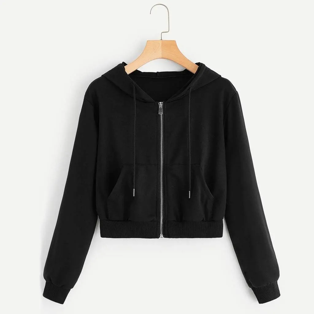 Women Basic Cropped Hoodies Full Zipper Drawstring Sweatshirt Jackets Casual Long Sleeve Short Outwear with Pockets