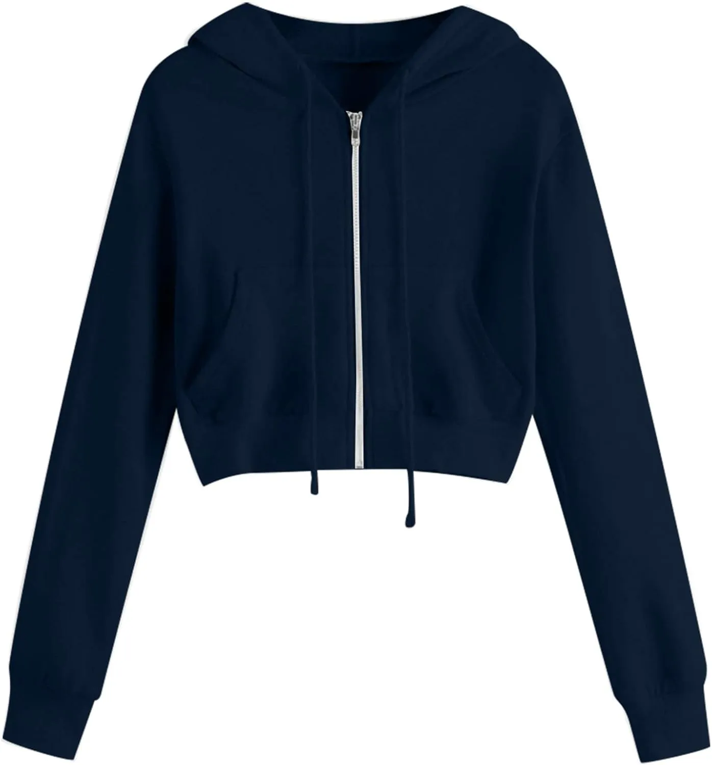 Women Basic Cropped Hoodies Full Zipper Drawstring Sweatshirt Jackets Casual Long Sleeve Short Outwear with Pockets