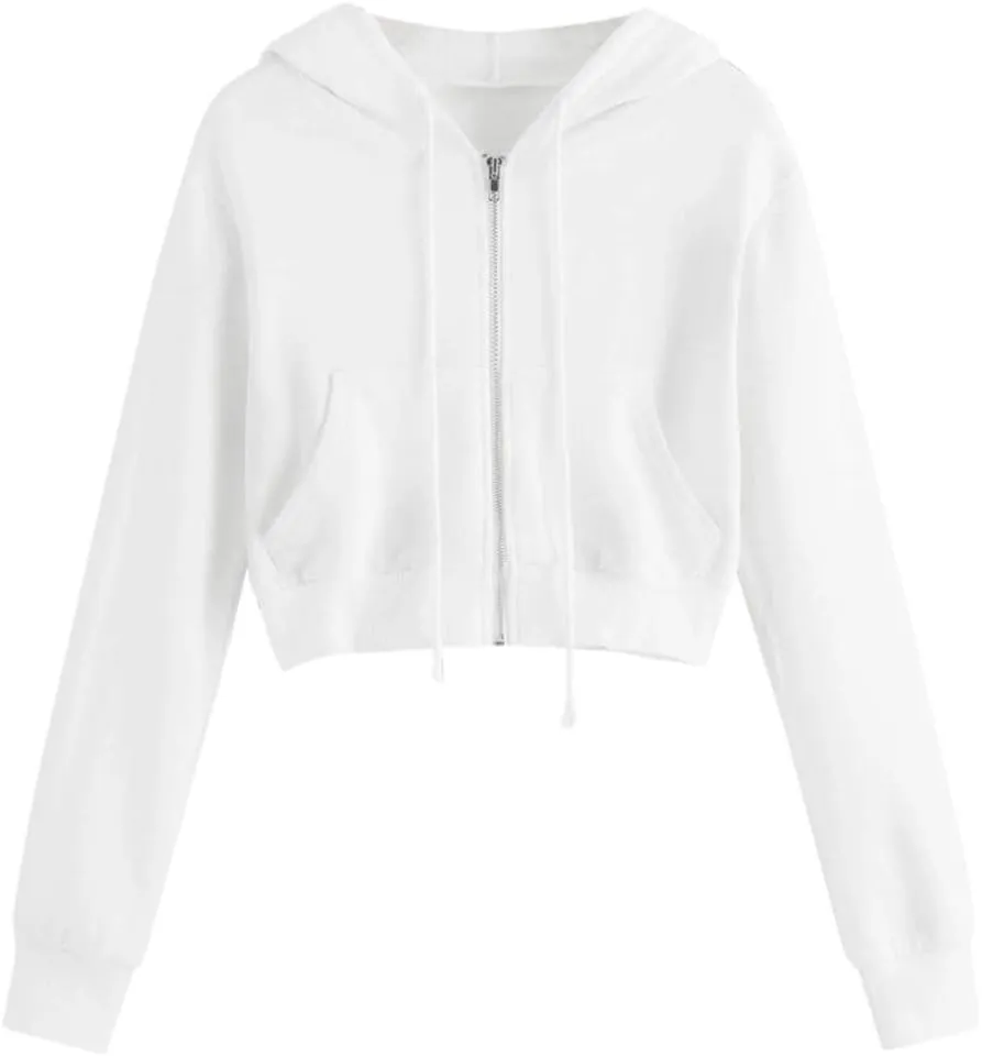 Women Basic Cropped Hoodies Full Zipper Drawstring Sweatshirt Jackets Casual Long Sleeve Short Outwear with Pockets