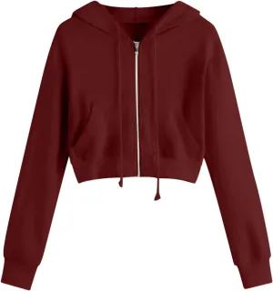 Women Basic Cropped Hoodies Full Zipper Drawstring Sweatshirt Jackets Casual Long Sleeve Short Outwear with Pockets