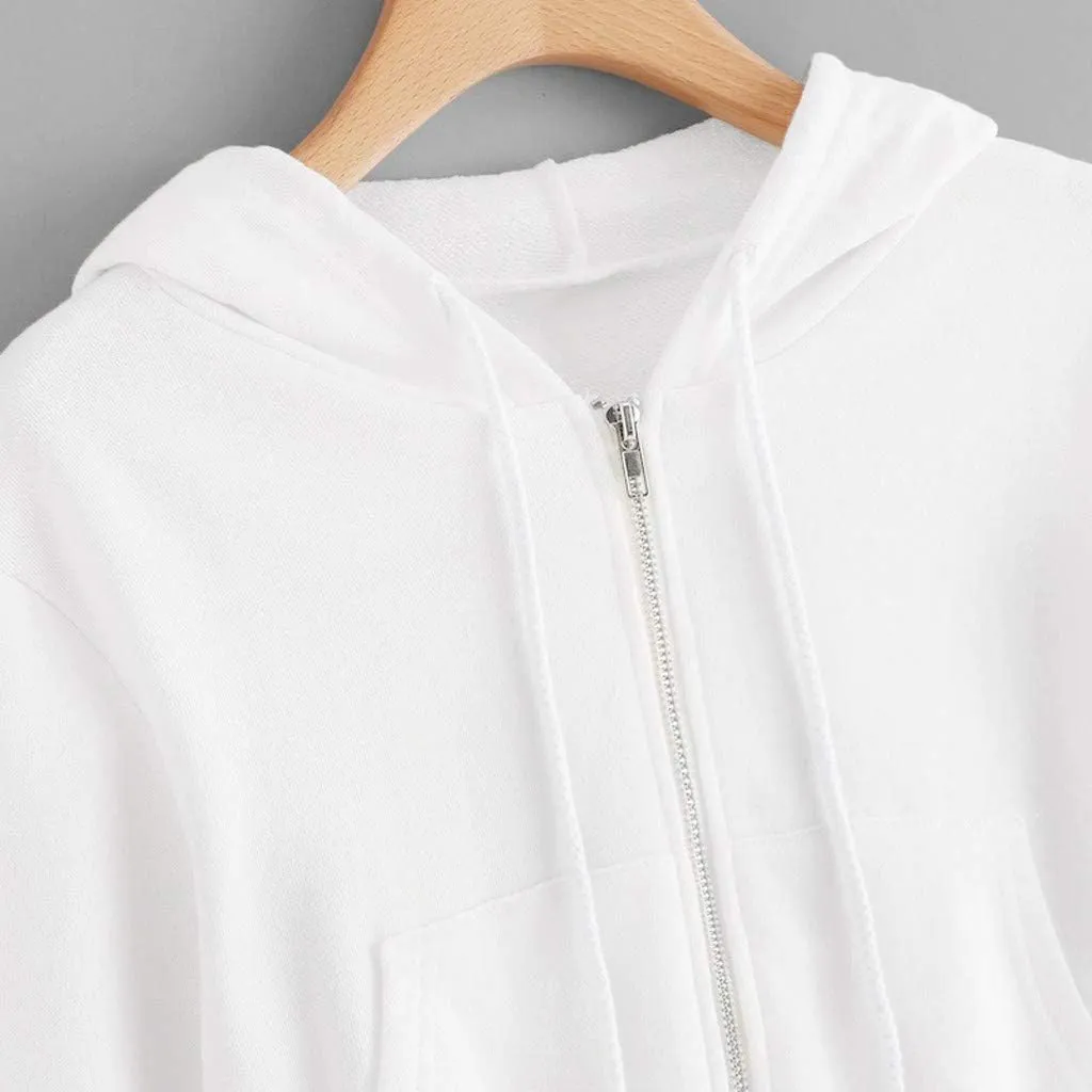 Women Basic Cropped Hoodies Full Zipper Drawstring Sweatshirt Jackets Casual Long Sleeve Short Outwear with Pockets