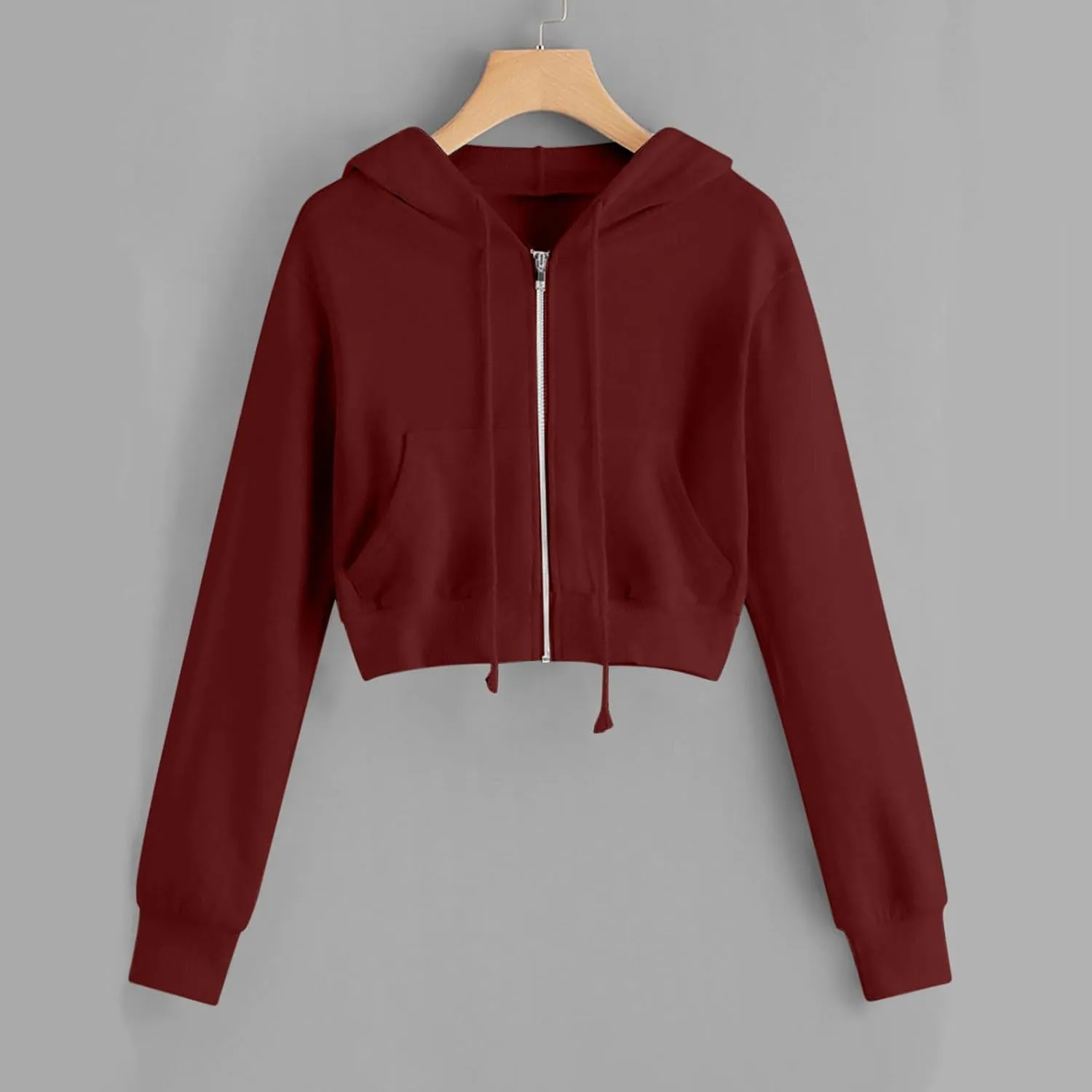 Women Basic Cropped Hoodies Full Zipper Drawstring Sweatshirt Jackets Casual Long Sleeve Short Outwear with Pockets