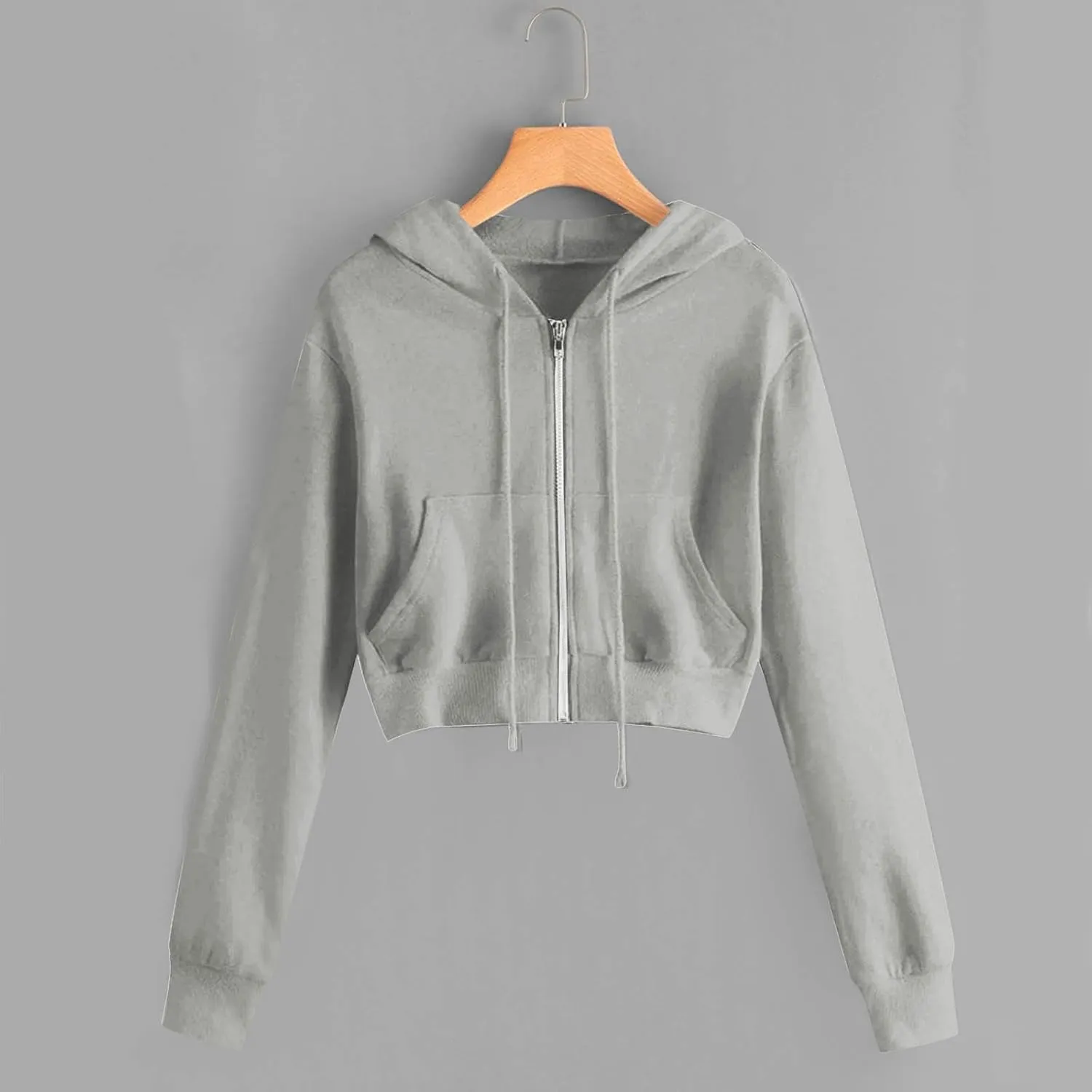 Women Basic Cropped Hoodies Full Zipper Drawstring Sweatshirt Jackets Casual Long Sleeve Short Outwear with Pockets