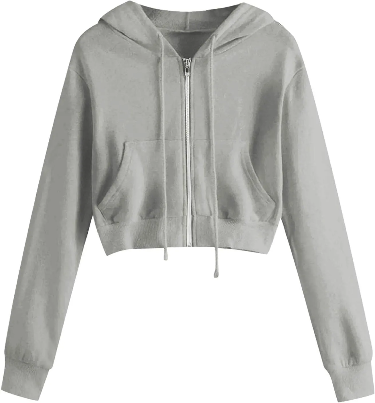 Women Basic Cropped Hoodies Full Zipper Drawstring Sweatshirt Jackets Casual Long Sleeve Short Outwear with Pockets