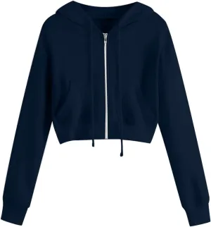 Women Basic Cropped Hoodies Full Zipper Drawstring Sweatshirt Jackets Casual Long Sleeve Short Outwear with Pockets