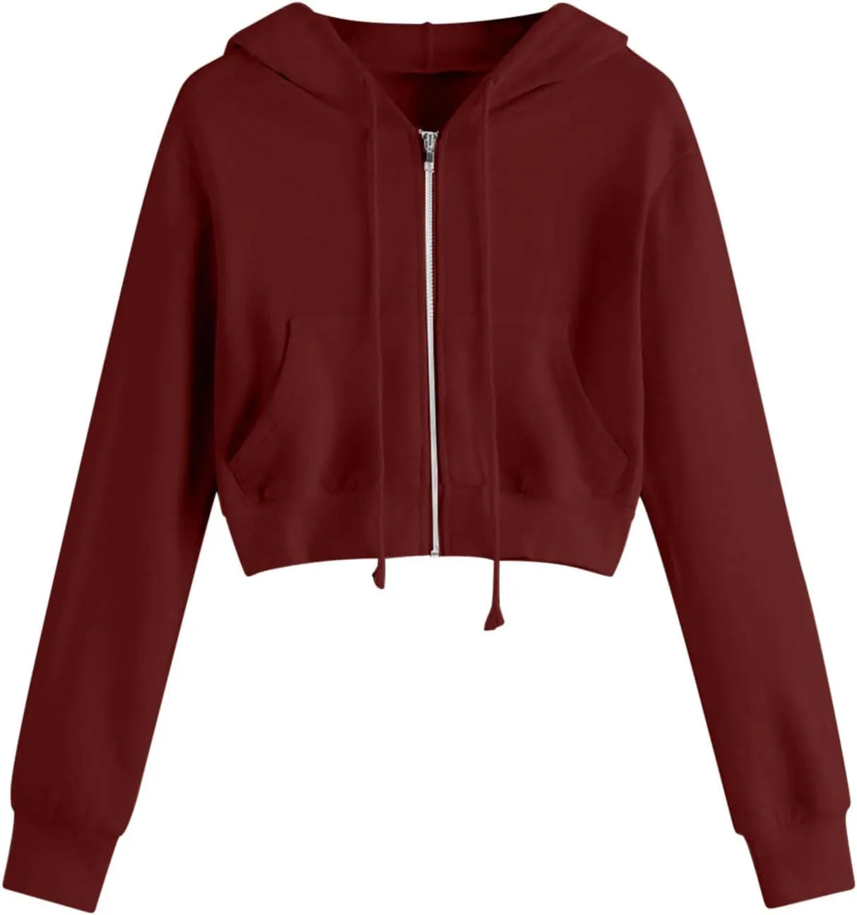 Women Basic Cropped Hoodies Full Zipper Drawstring Sweatshirt Jackets Casual Long Sleeve Short Outwear with Pockets