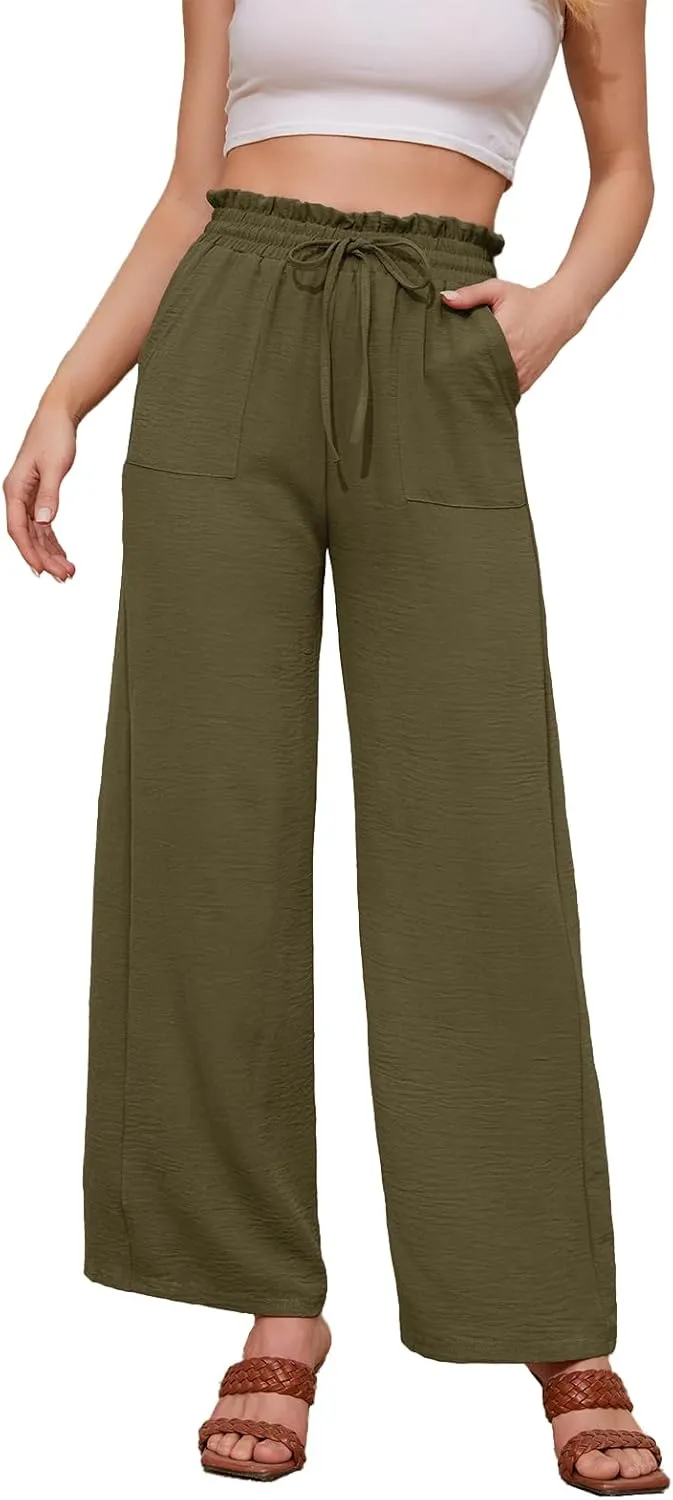 Women Casual Wide Leg Pants Womens Linen Pants Drawstring Waist Flowy Pants Summer Beach Pants with Pockets