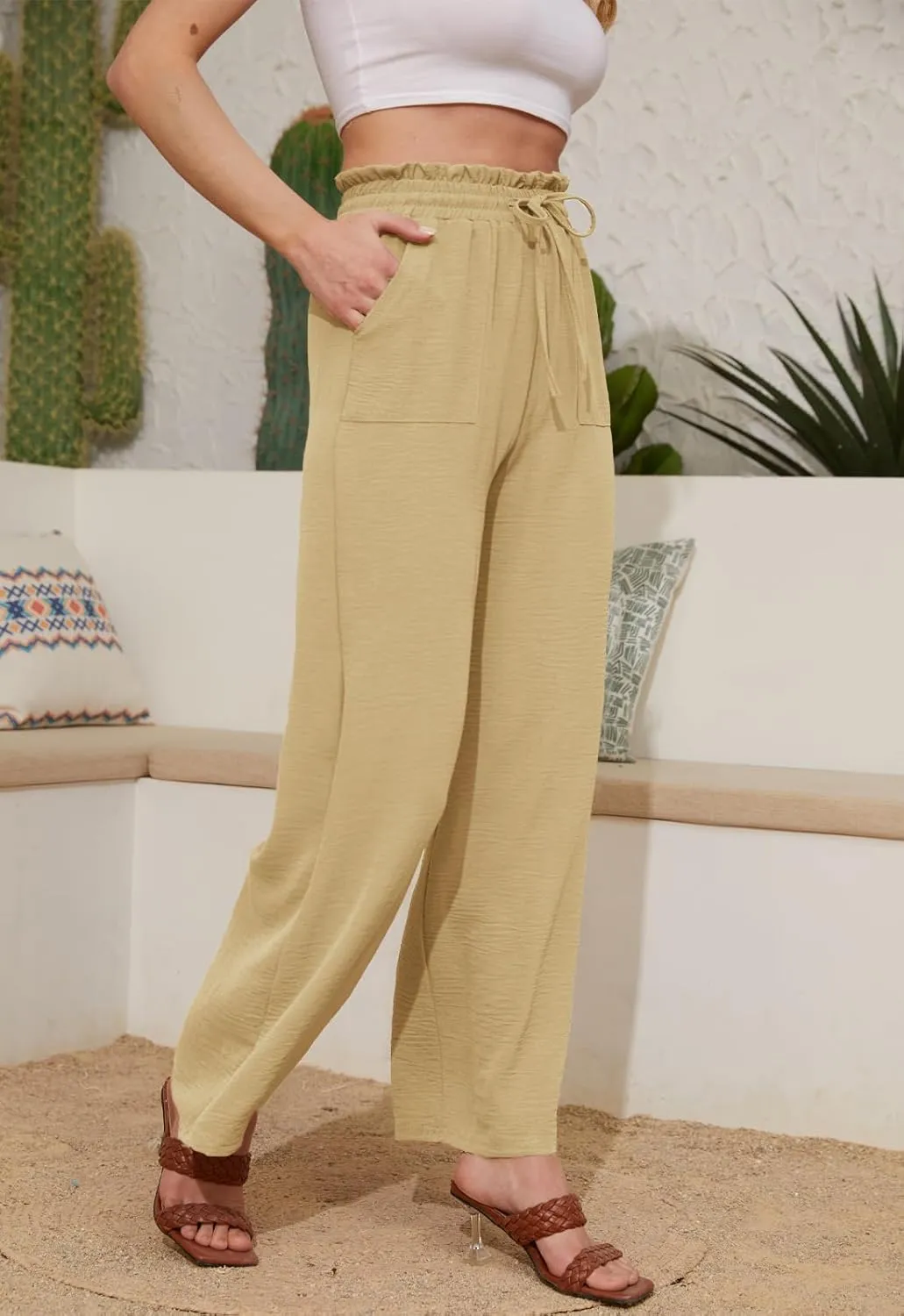 Women Casual Wide Leg Pants Womens Linen Pants Drawstring Waist Flowy Pants Summer Beach Pants with Pockets