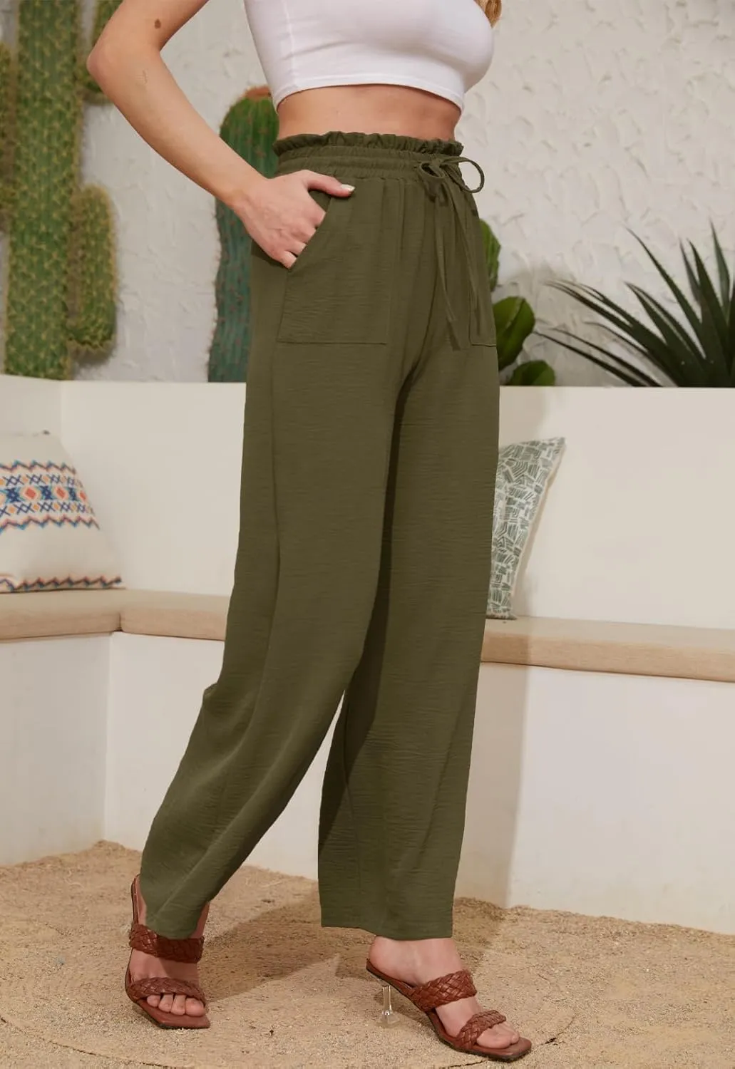 Women Casual Wide Leg Pants Womens Linen Pants Drawstring Waist Flowy Pants Summer Beach Pants with Pockets