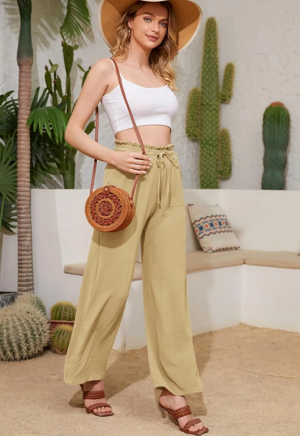 Women Casual Wide Leg Pants Womens Linen Pants Drawstring Waist Flowy Pants Summer Beach Pants with Pockets