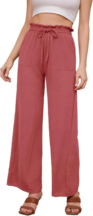 Women Casual Wide Leg Pants Womens Linen Pants Drawstring Waist Flowy Pants Summer Beach Pants with Pockets