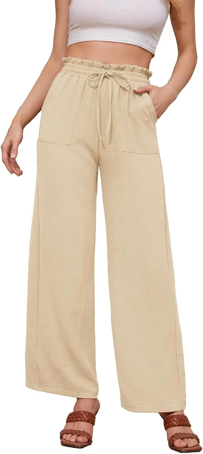 Women Casual Wide Leg Pants Womens Linen Pants Drawstring Waist Flowy Pants Summer Beach Pants with Pockets