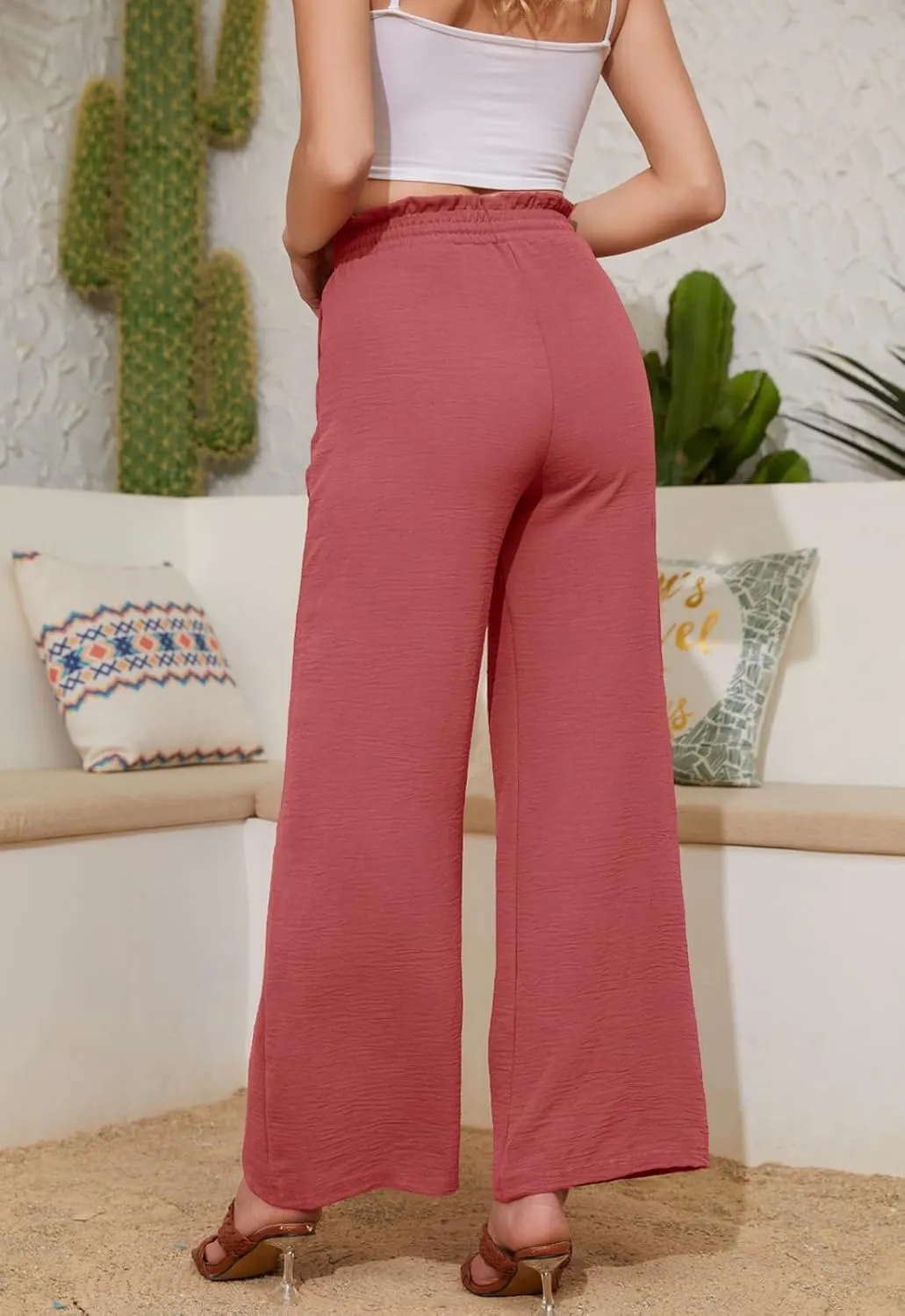 Women Casual Wide Leg Pants Womens Linen Pants Drawstring Waist Flowy Pants Summer Beach Pants with Pockets