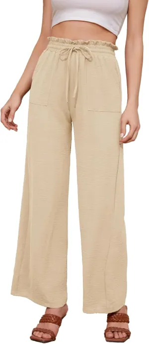 Women Casual Wide Leg Pants Womens Linen Pants Drawstring Waist Flowy Pants Summer Beach Pants with Pockets
