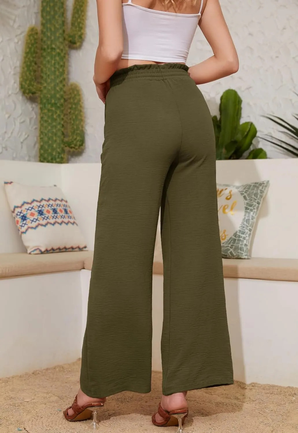 Women Casual Wide Leg Pants Womens Linen Pants Drawstring Waist Flowy Pants Summer Beach Pants with Pockets