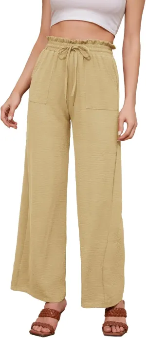 Women Casual Wide Leg Pants Womens Linen Pants Drawstring Waist Flowy Pants Summer Beach Pants with Pockets