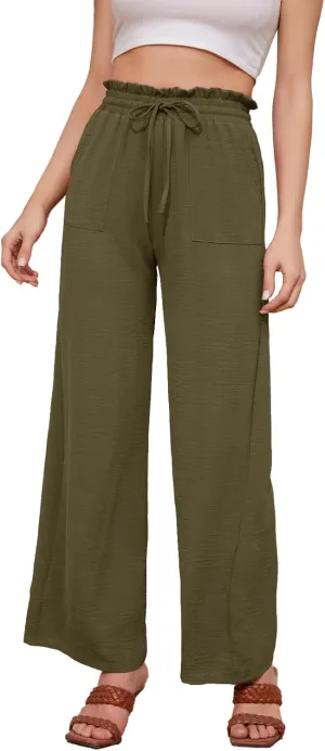 Women Casual Wide Leg Pants Womens Linen Pants Drawstring Waist Flowy Pants Summer Beach Pants with Pockets