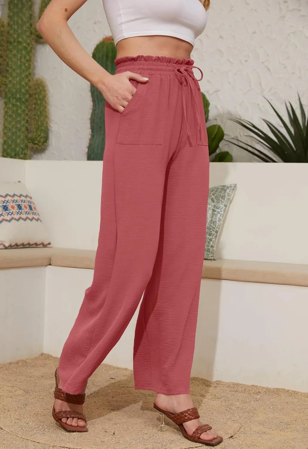 Women Casual Wide Leg Pants Womens Linen Pants Drawstring Waist Flowy Pants Summer Beach Pants with Pockets