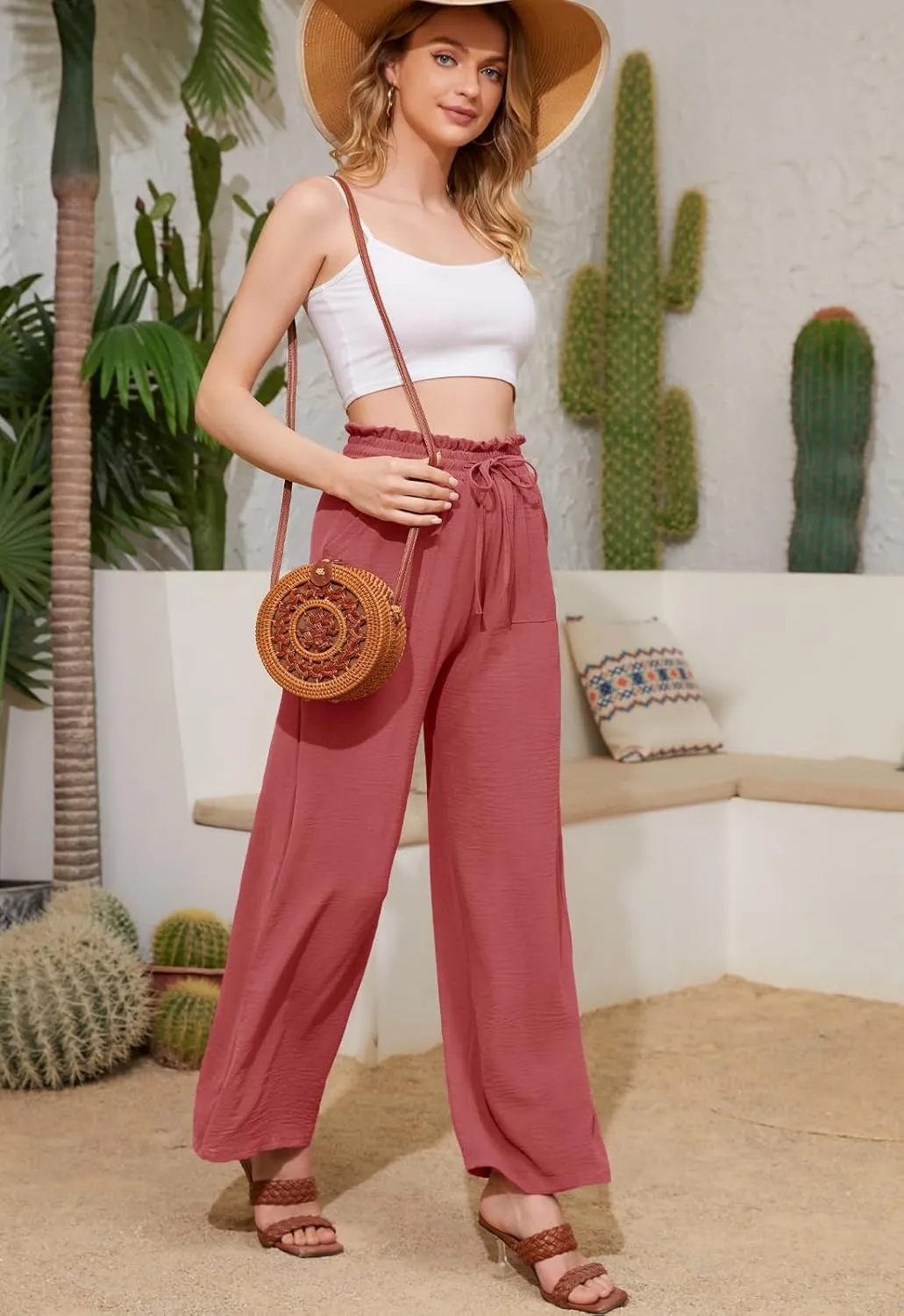 Women Casual Wide Leg Pants Womens Linen Pants Drawstring Waist Flowy Pants Summer Beach Pants with Pockets