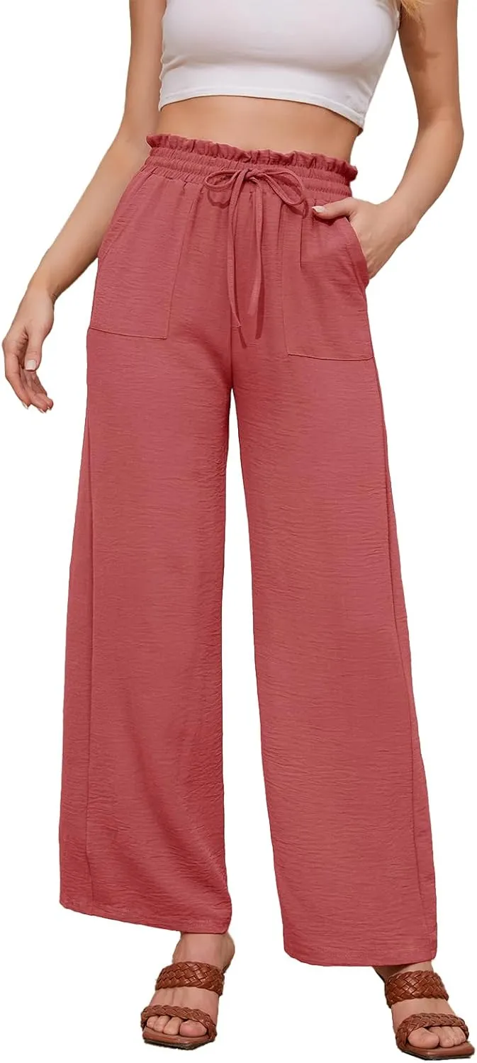 Women Casual Wide Leg Pants Womens Linen Pants Drawstring Waist Flowy Pants Summer Beach Pants with Pockets