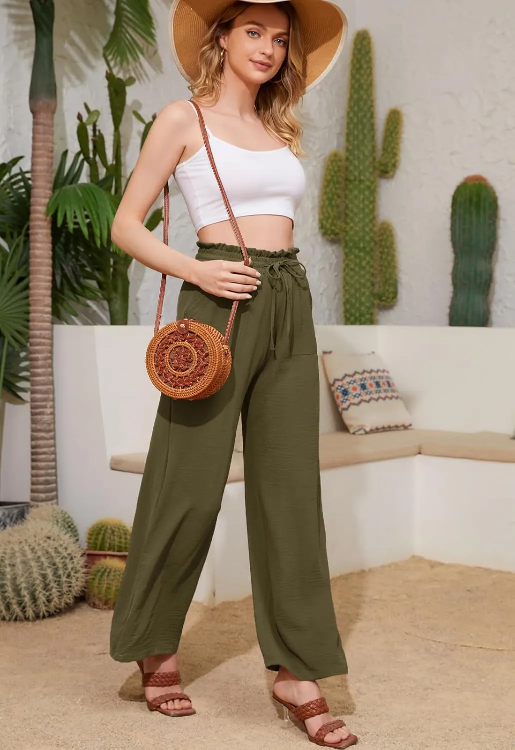 Women Casual Wide Leg Pants Womens Linen Pants Drawstring Waist Flowy Pants Summer Beach Pants with Pockets