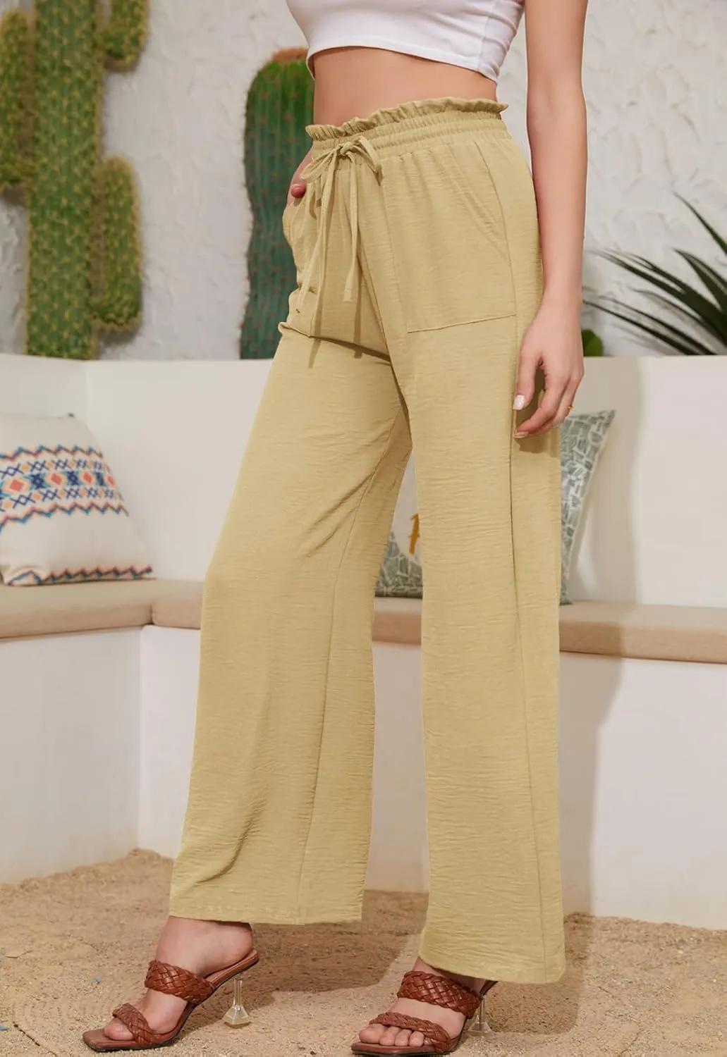 Women Casual Wide Leg Pants Womens Linen Pants Drawstring Waist Flowy Pants Summer Beach Pants with Pockets