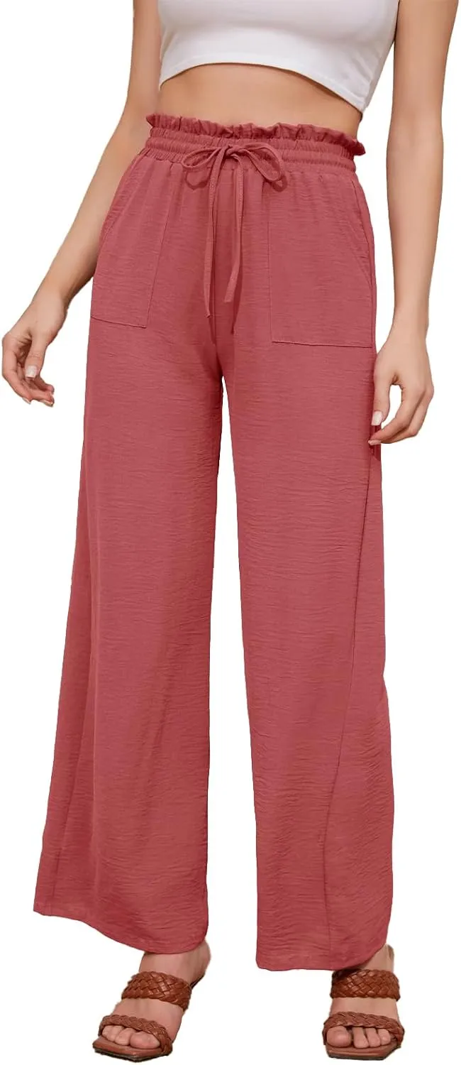 Women Casual Wide Leg Pants Womens Linen Pants Drawstring Waist Flowy Pants Summer Beach Pants with Pockets