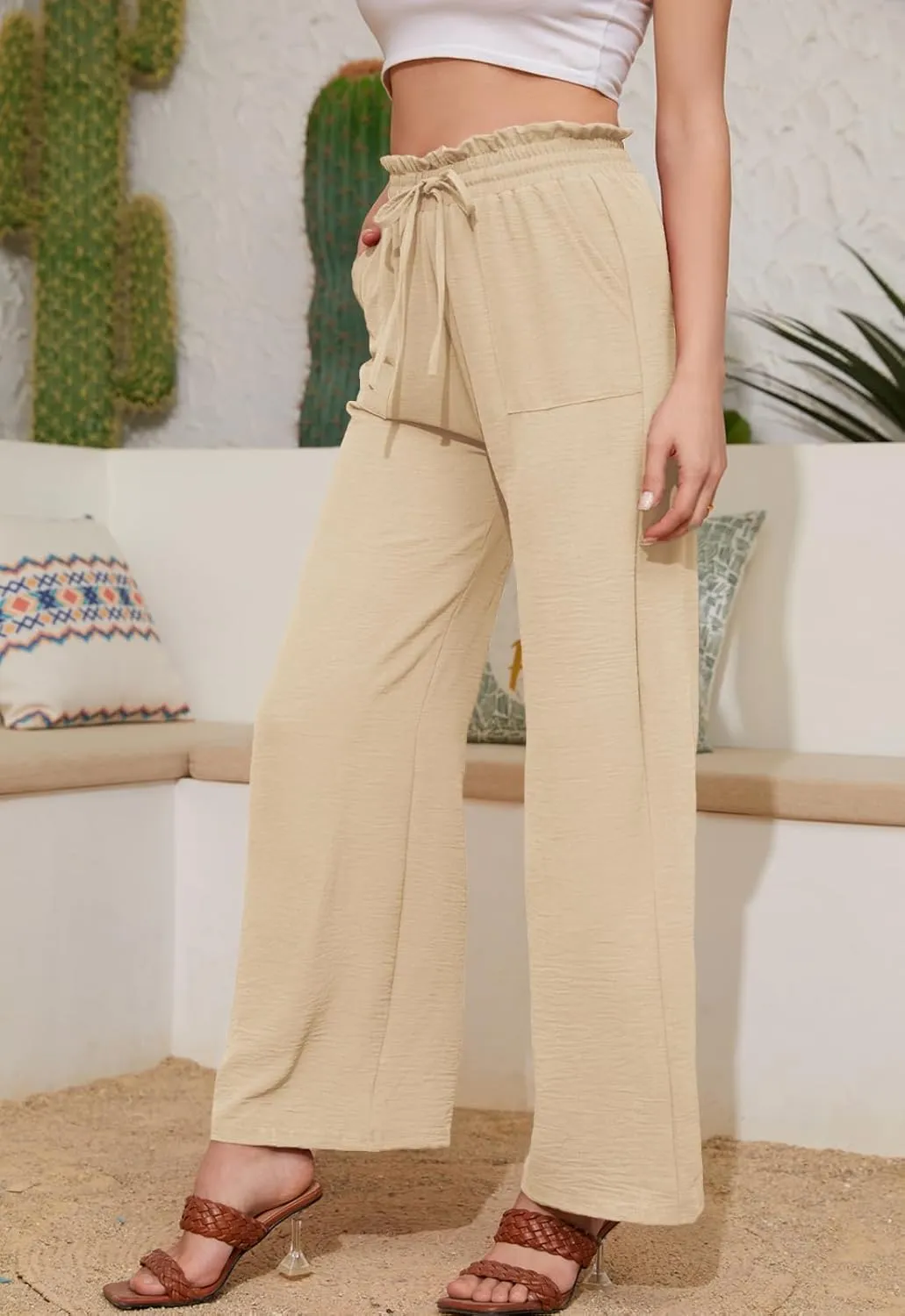 Women Casual Wide Leg Pants Womens Linen Pants Drawstring Waist Flowy Pants Summer Beach Pants with Pockets