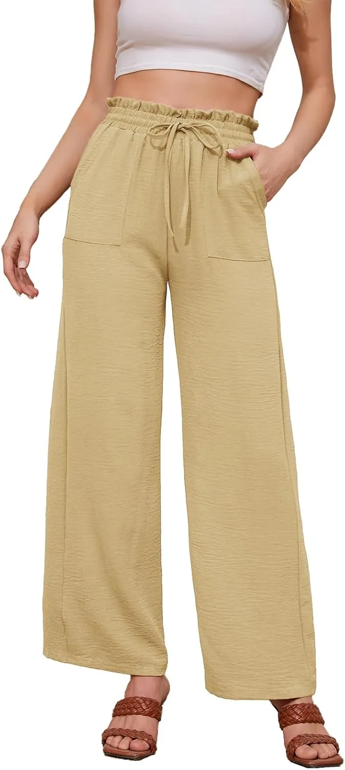 Women Casual Wide Leg Pants Womens Linen Pants Drawstring Waist Flowy Pants Summer Beach Pants with Pockets