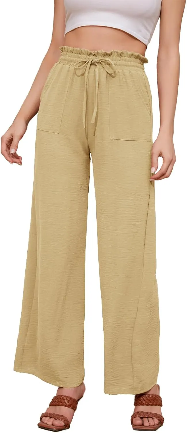 Women Casual Wide Leg Pants Womens Linen Pants Drawstring Waist Flowy Pants Summer Beach Pants with Pockets