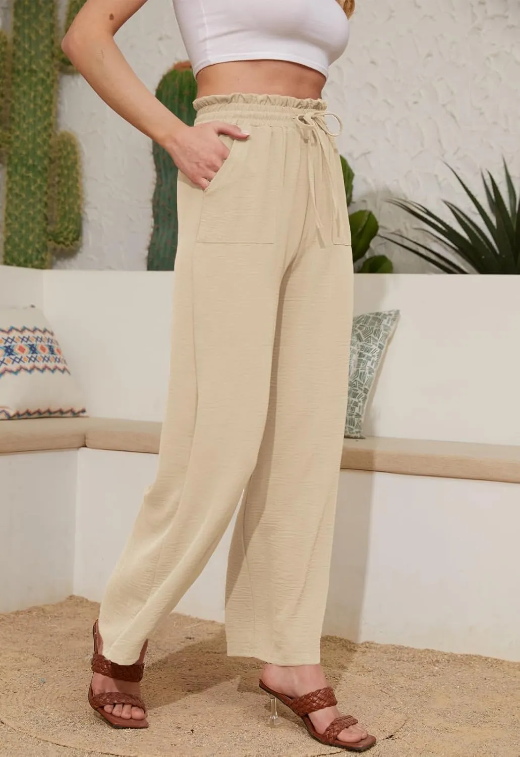 Women Casual Wide Leg Pants Womens Linen Pants Drawstring Waist Flowy Pants Summer Beach Pants with Pockets