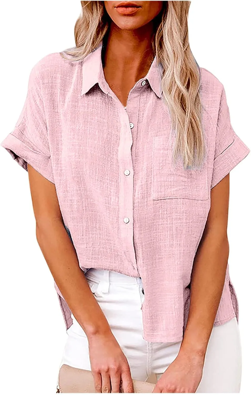 Women Cotton Linen Shirts with Pockets Casual Solid Short Sleeve Button Down Blouse Tunic Shirt Summer Tops Plus Size