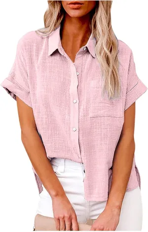 Women Cotton Linen Shirts with Pockets Casual Solid Short Sleeve Button Down Blouse Tunic Shirt Summer Tops Plus Size