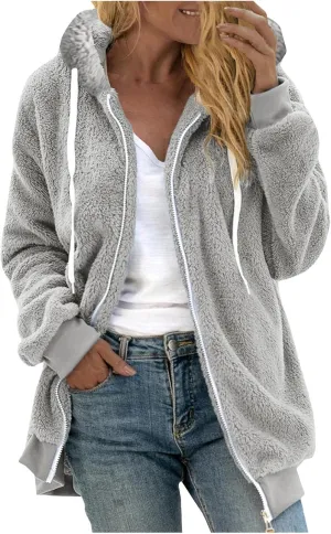 Women Fuzzy Hoodie Zip Up Fleece Jacket Long Sleeve Colorblock Sweatshirt Oversized Fluffy Coat Fall Winter Outerwear