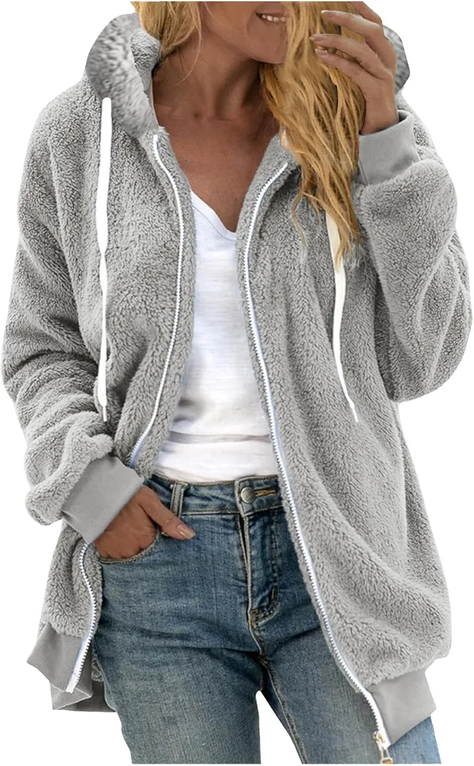 Women Fuzzy Hoodie Zip Up Fleece Jacket Long Sleeve Colorblock Sweatshirt Oversized Fluffy Coat Fall Winter Outerwear