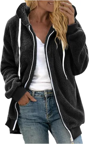 Women Fuzzy Hoodie Zip Up Fleece Jacket Long Sleeve Colorblock Sweatshirt Oversized Fluffy Coat Fall Winter Outerwear