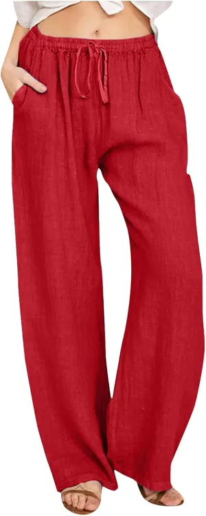 Women High Waisted Wide Leg Pants Fashion Drawstring Elastic Trousers Comfy Straight Leg Long Pants (Red, XXL)