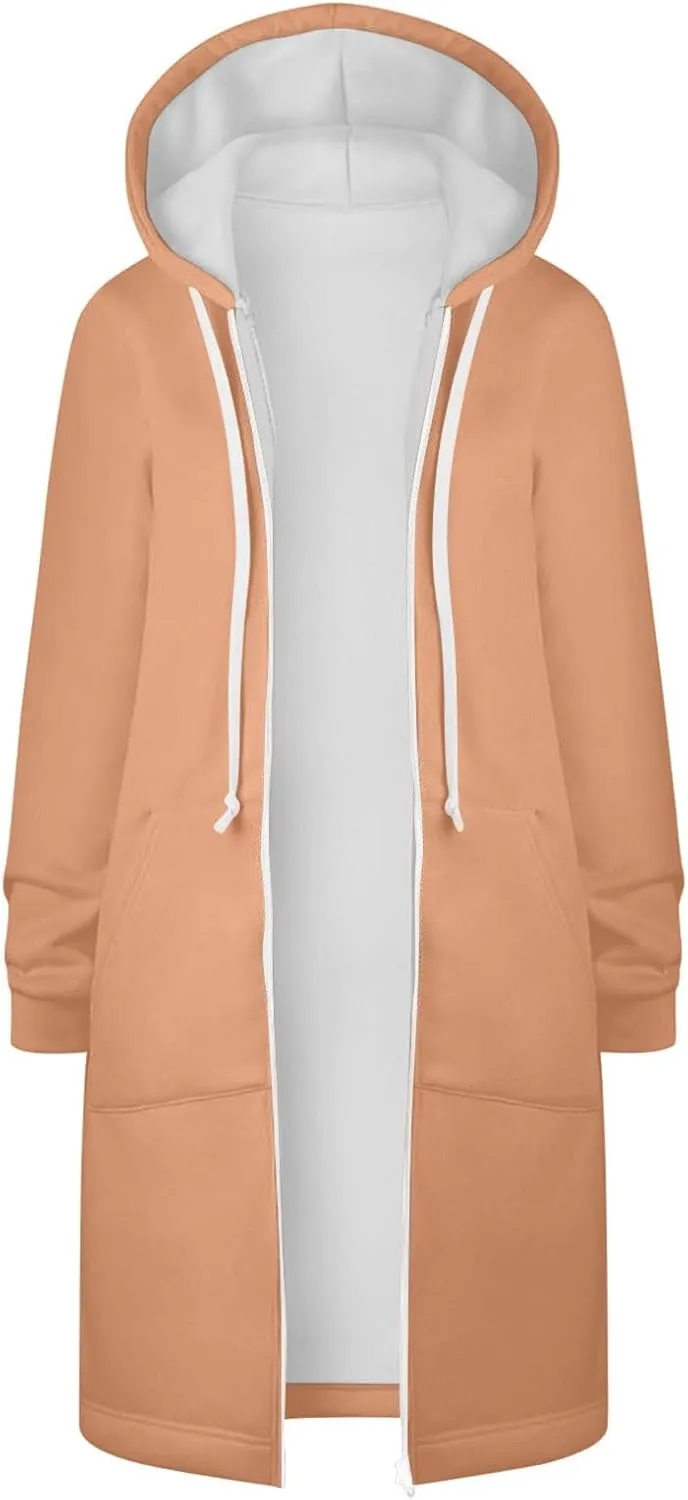 Women Long Sweat Jacket Casual Zip Up Fleece Jacket with Hoodies Plus Size Trench Coat Long Sleeve Cardigan Thin Basic