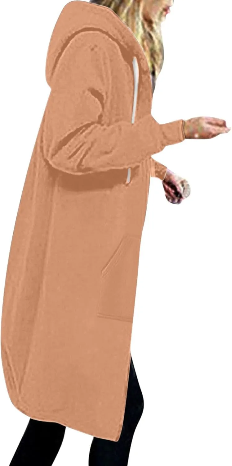 Women Long Sweat Jacket Casual Zip Up Fleece Jacket with Hoodies Plus Size Trench Coat Long Sleeve Cardigan Thin Basic