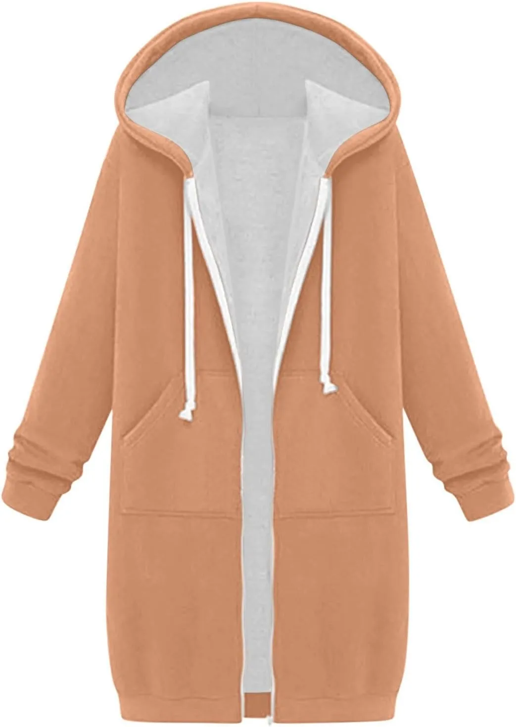 Women Long Sweat Jacket Casual Zip Up Fleece Jacket with Hoodies Plus Size Trench Coat Long Sleeve Cardigan Thin Basic