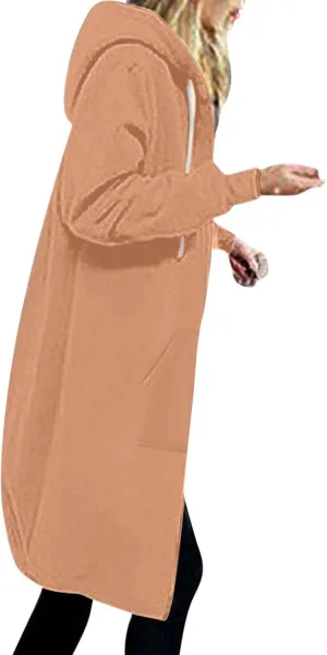 Women Long Sweat Jacket Casual Zip Up Fleece Jacket with Hoodies Plus Size Trench Coat Long Sleeve Cardigan Thin Basic