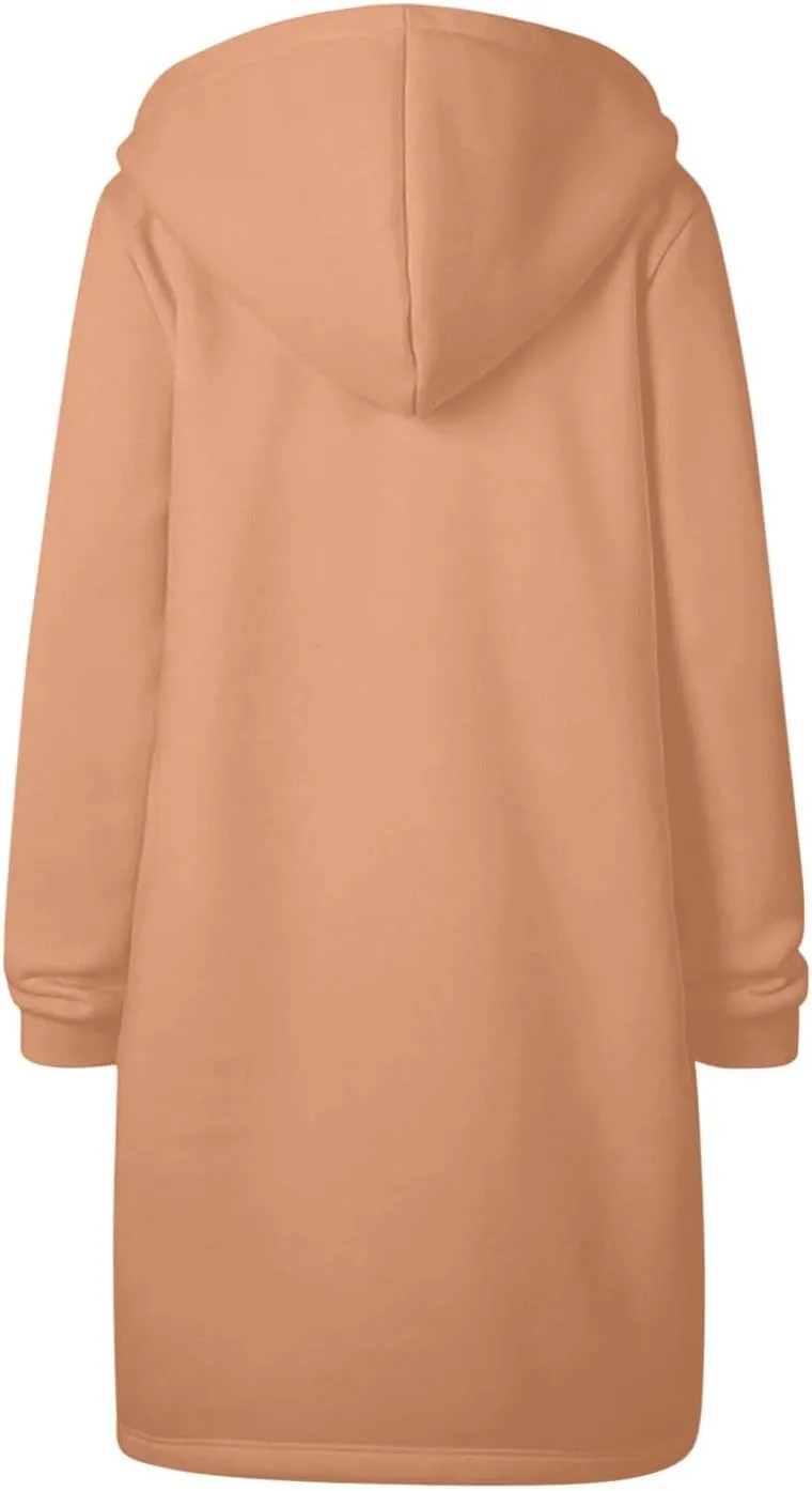 Women Long Sweat Jacket Casual Zip Up Fleece Jacket with Hoodies Plus Size Trench Coat Long Sleeve Cardigan Thin Basic