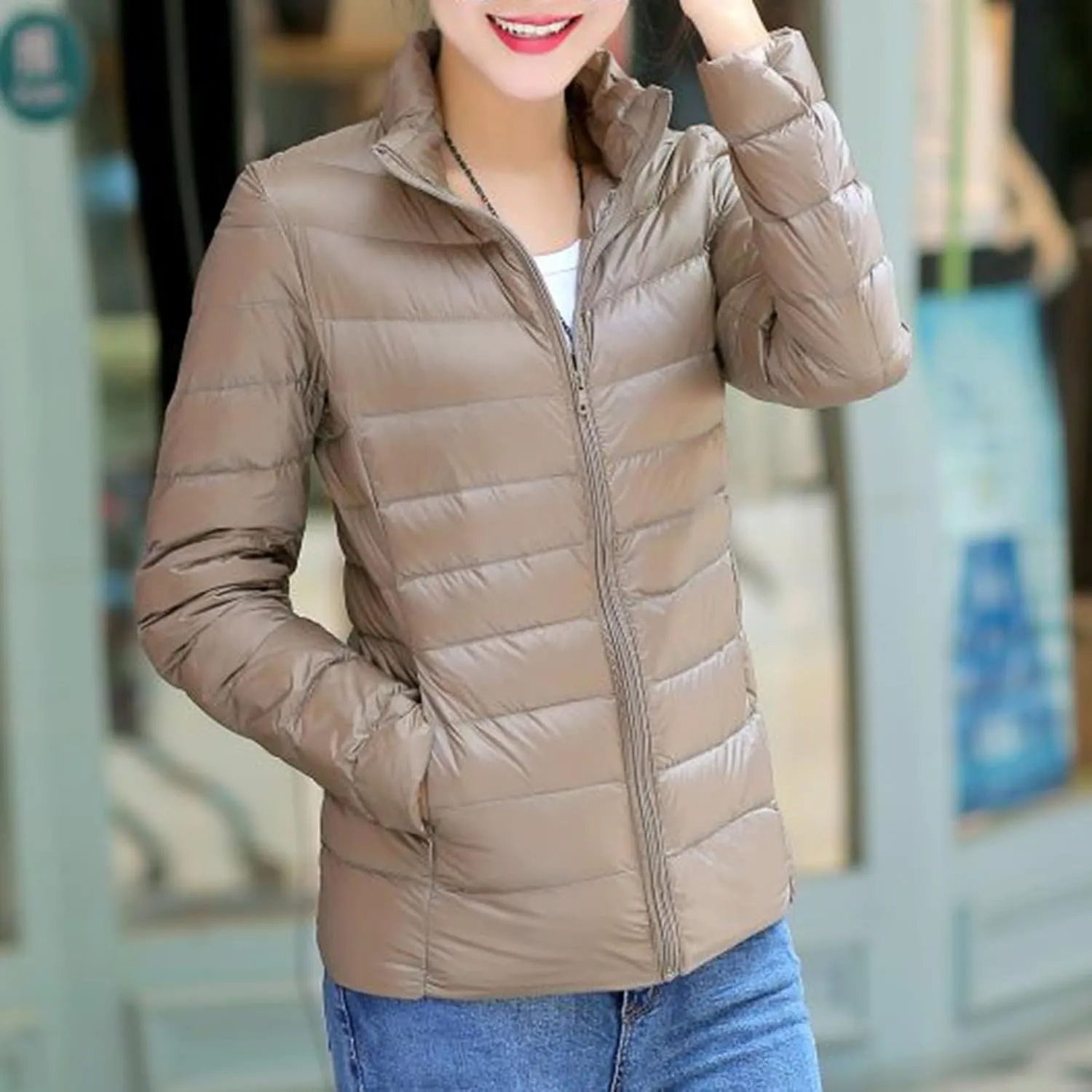 Women Packable Down Jacket Regular Fitted Lightweight Puffer Coats Quilted Stand Collar Solid Soft Comforable Outwear