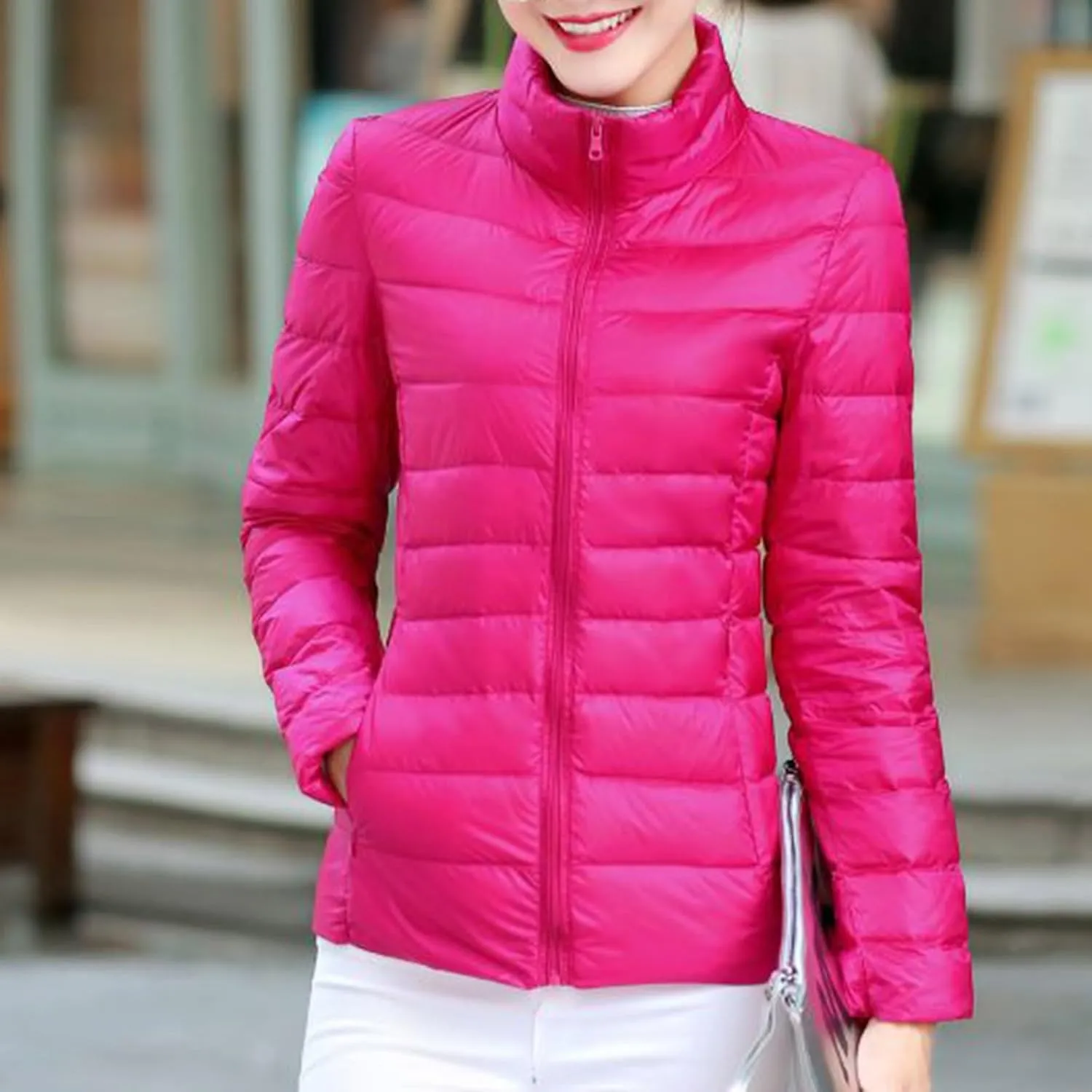 Women Packable Down Jacket Regular Fitted Lightweight Puffer Coats Quilted Stand Collar Solid Soft Comforable Outwear