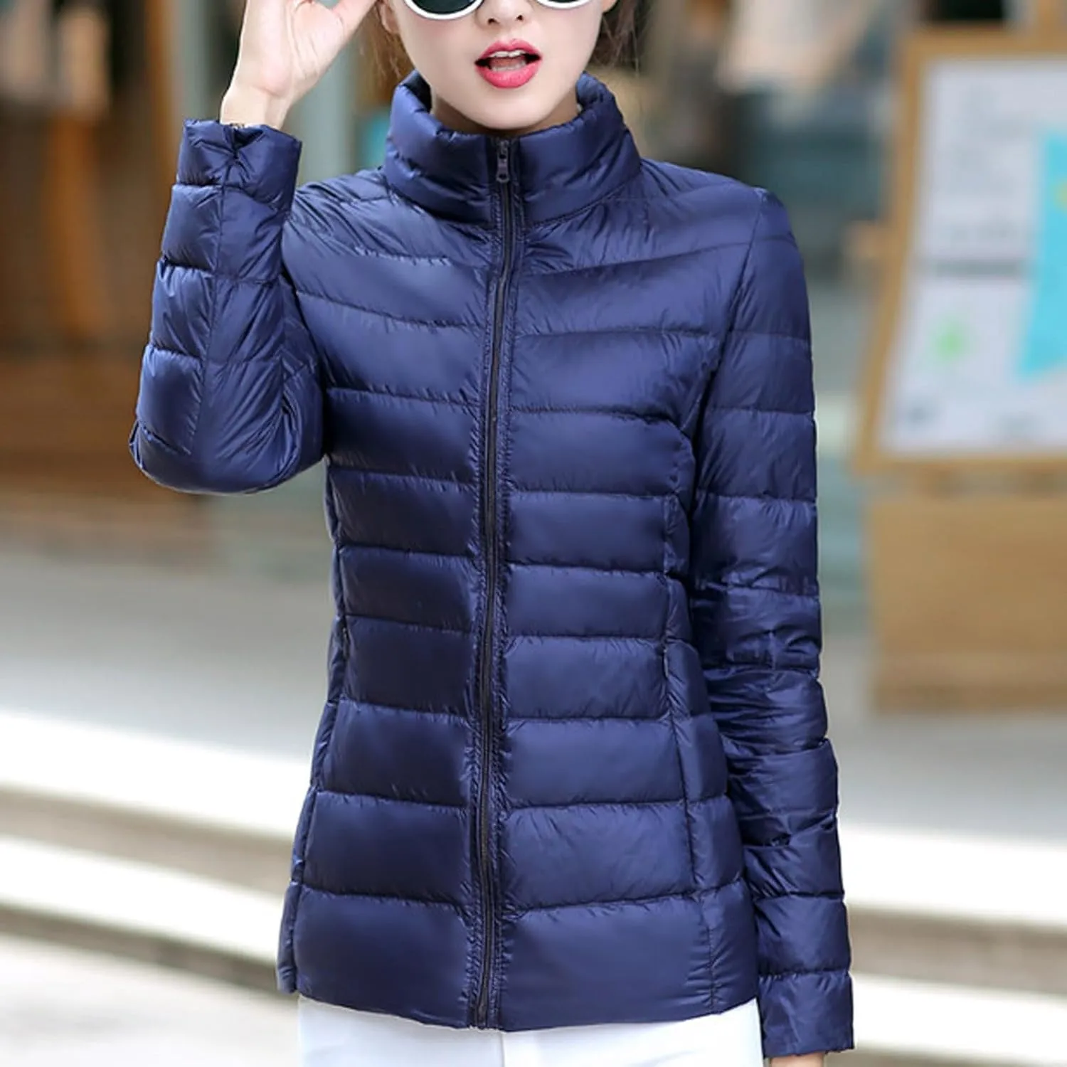 Women Packable Down Jacket Regular Fitted Lightweight Puffer Coats Quilted Stand Collar Solid Soft Comforable Outwear