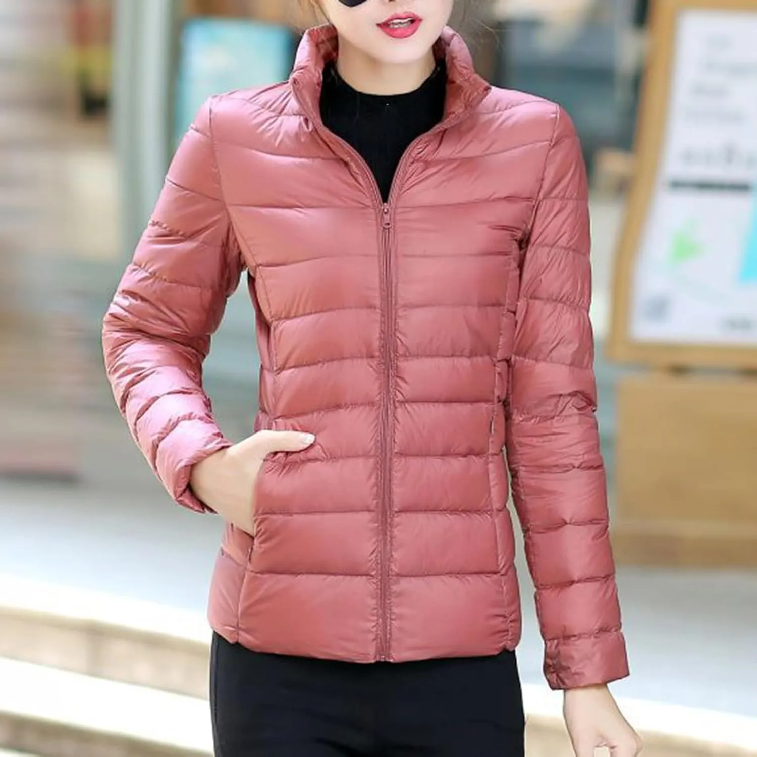 Women Packable Down Jacket Regular Fitted Lightweight Puffer Coats Quilted Stand Collar Solid Soft Comforable Outwear