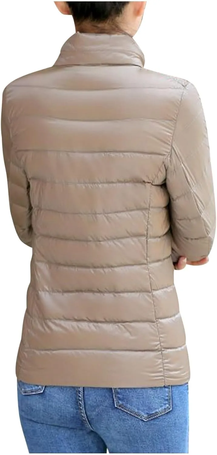 Women Packable Down Jacket Regular Fitted Lightweight Puffer Coats Quilted Stand Collar Solid Soft Comforable Outwear