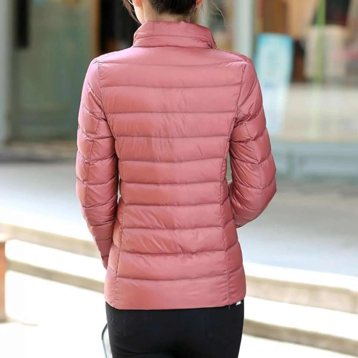 Women Packable Down Jacket Regular Fitted Lightweight Puffer Coats Quilted Stand Collar Solid Soft Comforable Outwear